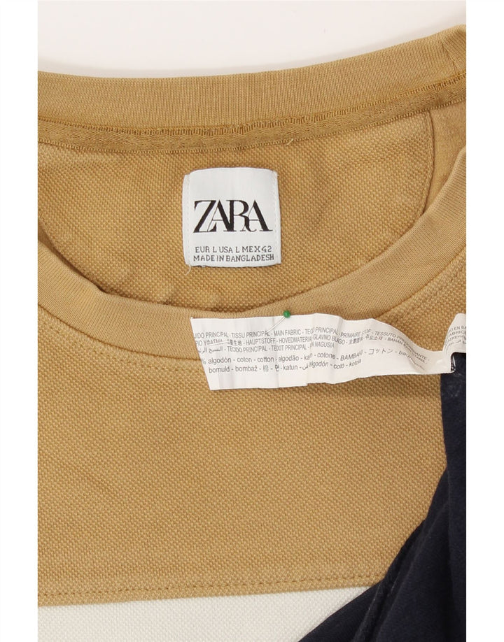 Zara Herre Sweatshirt Jumper Stor Beige Colourblock Bomuld