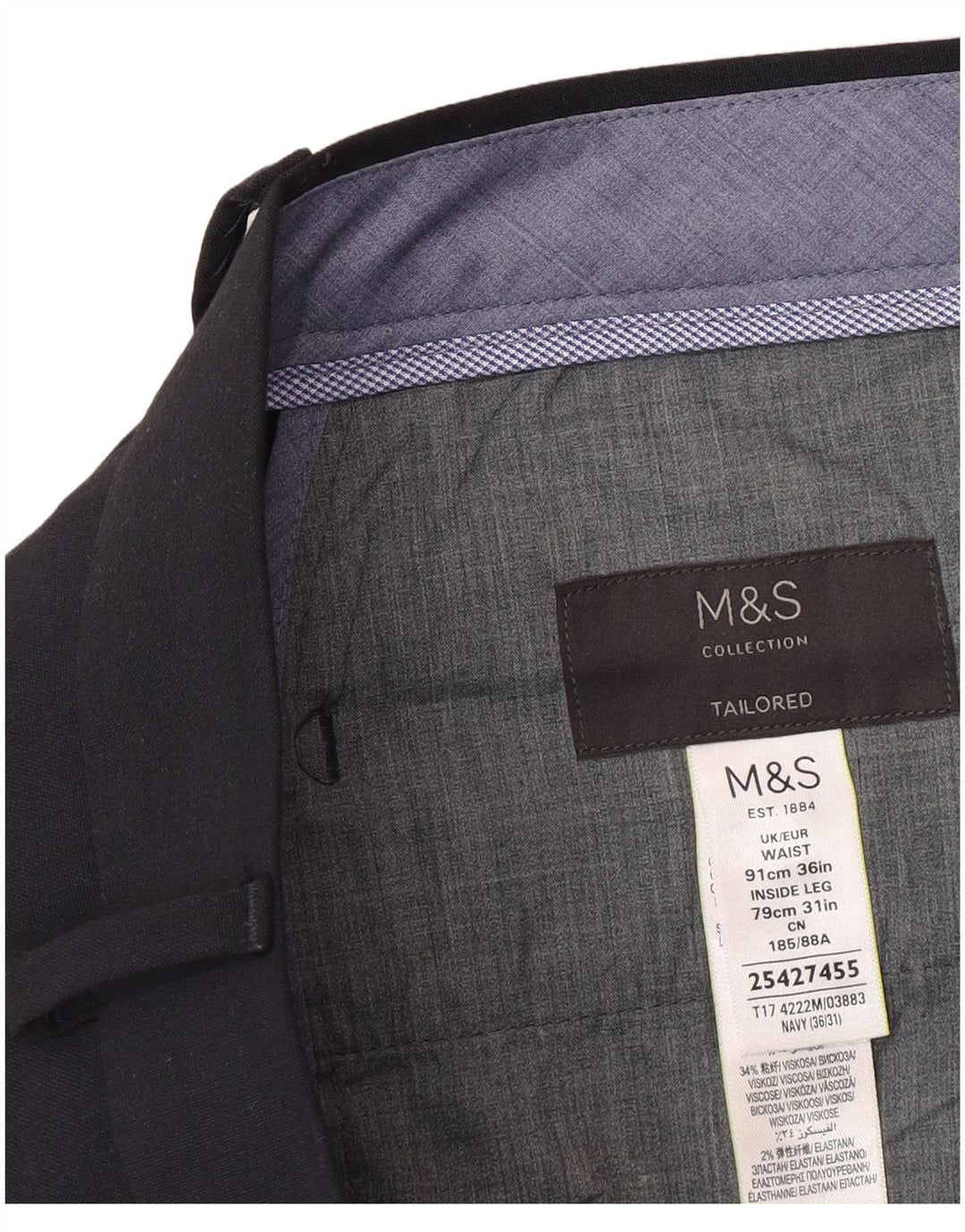 Pantaloni da abito slim su misura da uomo Marks & Spencer W36 L31 Blu Navy