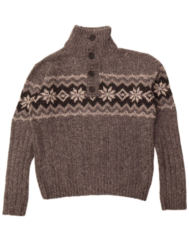 Marks & Spencer Mens Button Neck Jumper Sweater Large Grey Fair Isle Wool