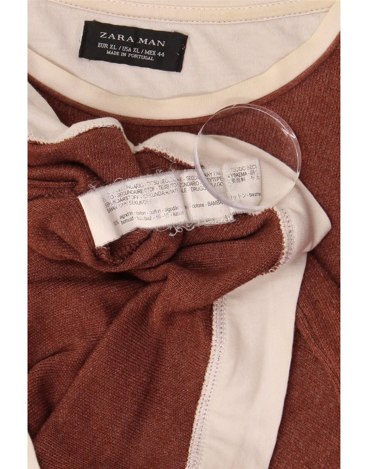 ZARA Mens Top Long Sleeve XL Brown Colourblock Cotton
