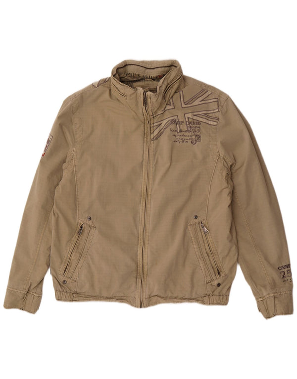 Camp David Herre grafisk hættebomberjakke UK 42 XL Beige stribet bomuld