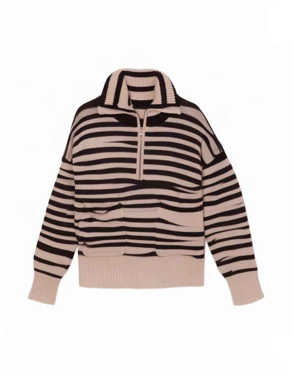 Zara Womens Zip Neck Jumper Sweater UK 16 Large Off White Striped Cotton