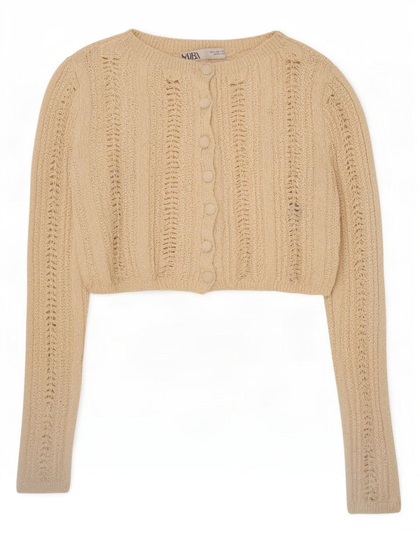 Zara Womens Crop Cardigan Sweater UK 10 Small Beige Cotton