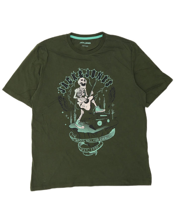 Jack & Jones Mens Graphic T-Shirt Top Large Green Cotton