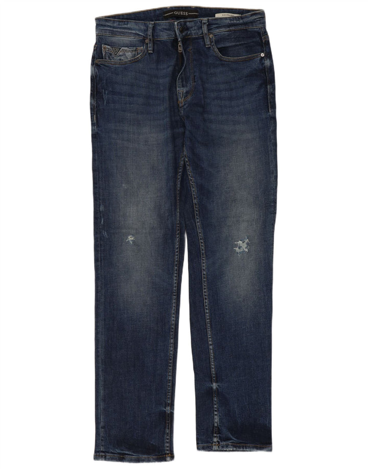 Мужские потертые узкие прямые джинсы Guess W33 L32 синие