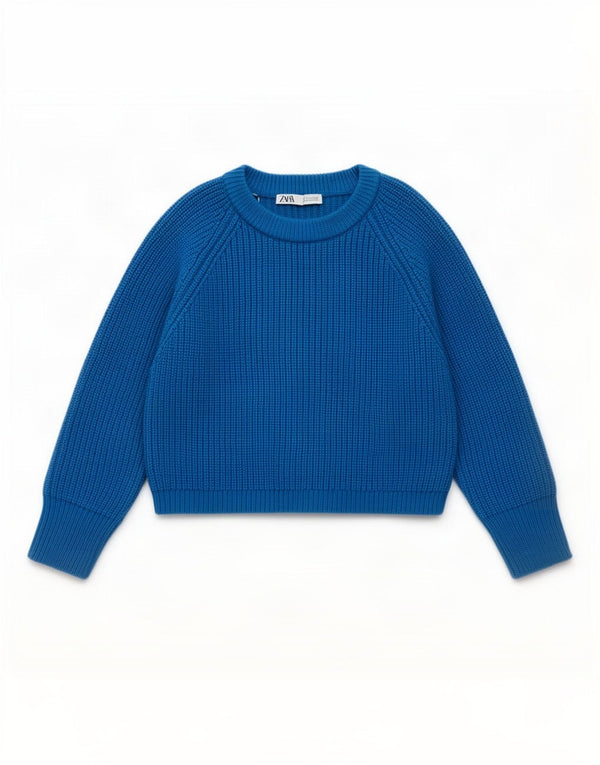 Zara Womens Crop Crew Neck Jumper Sweater UK 10 Small Blue Acrylic
