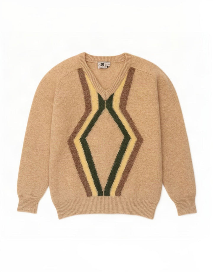 Vintage Herren Pullover mit V-Ausschnitt, Mittelbeige, geometrische Wolle