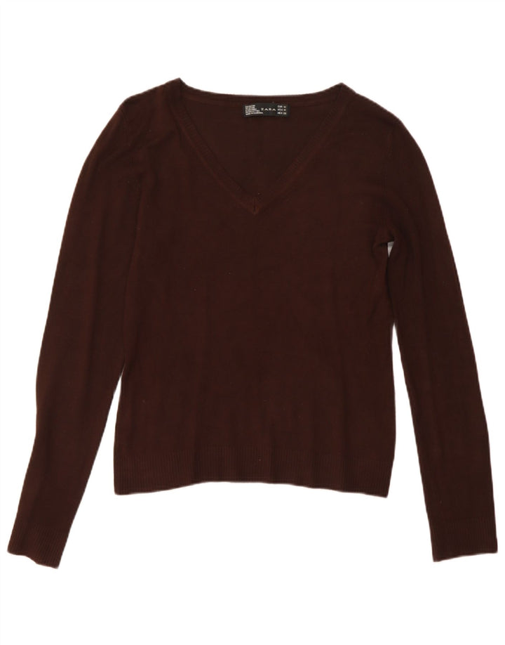 Zara Womens V-Neck Jumper Sweater UK 12 Medium Brown Rayon