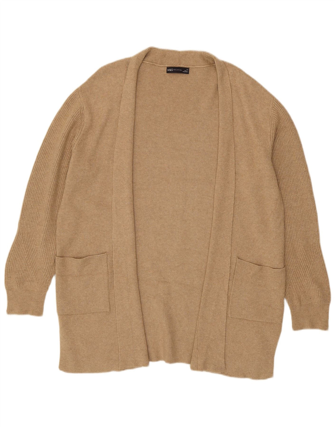 Marks & Spencer Womens Longline Open Cardigan Sweater UK 16 Large Beige