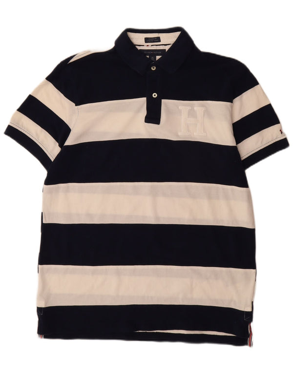 Tommy Hilfiger Mens Custom Fit Polo Shirt Large Navy Blue Striped Cotton