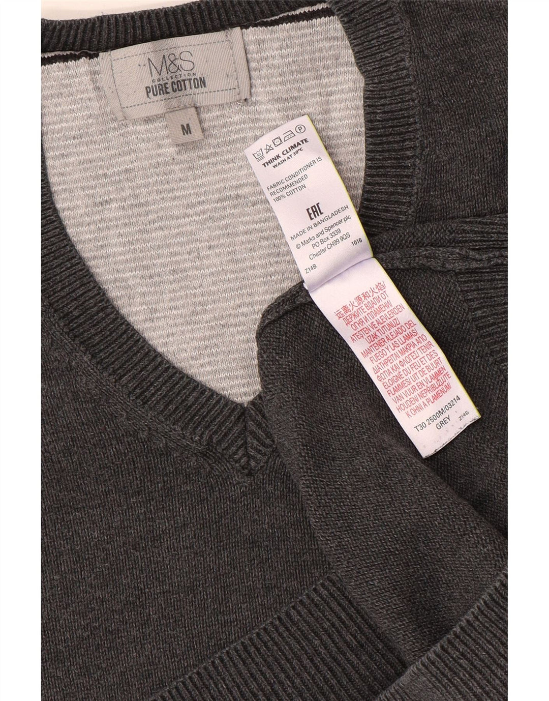 Marks & Spencer Herren-Pullover mit V-Ausschnitt aus mittelgrauer Baumwolle
