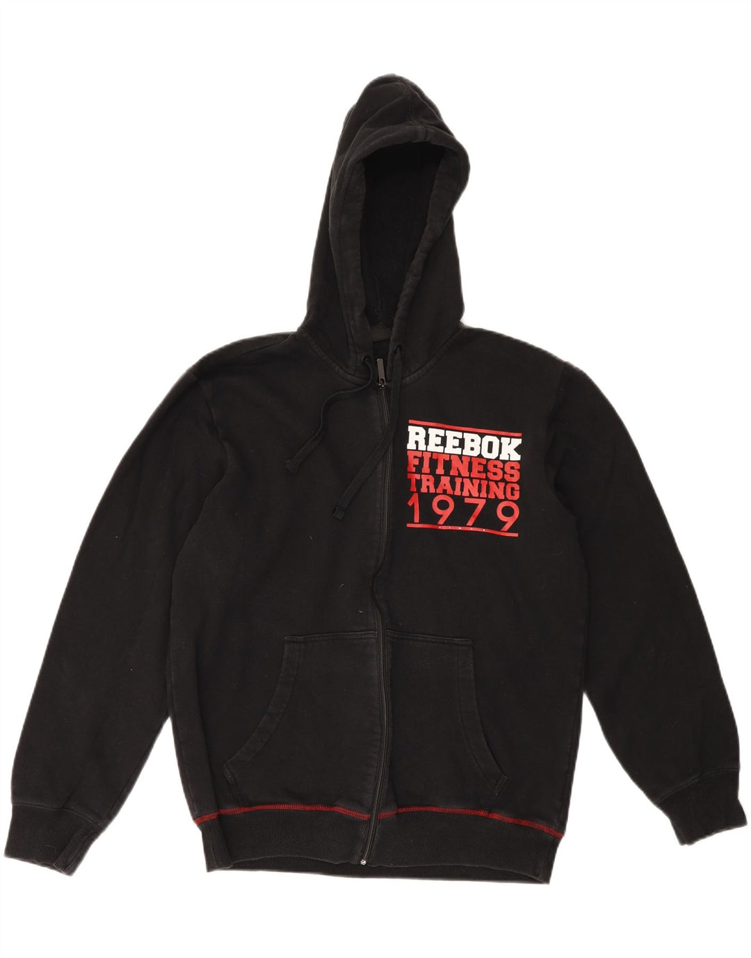 REEBOK Mens Graphic Zip Hoodie Sweater Medium Black Cotton Vintage Reebok and Second-Hand Reebok from Messina Hembry 