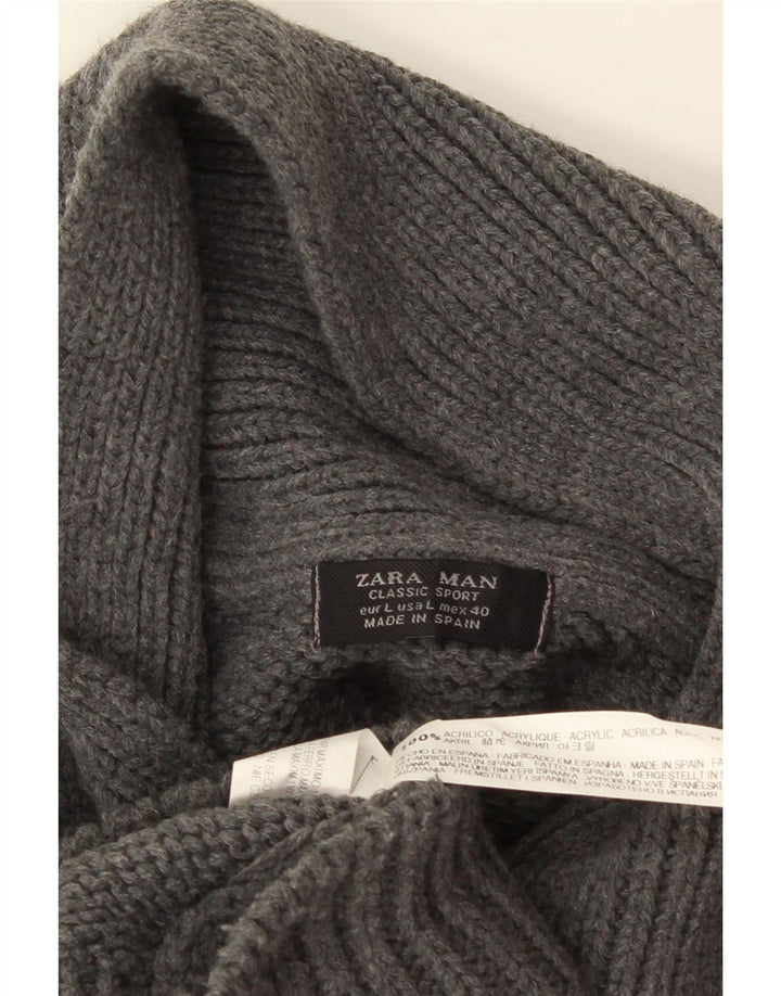 ZARA Mens Shawl Neck Jumper Sweater Large Grey Acrylic