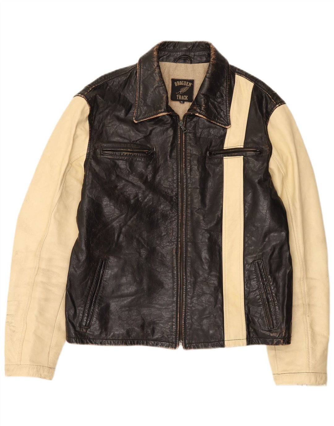 Brogden Mens Graphic Leather Jacket UK 42 XL Brown Colourblock