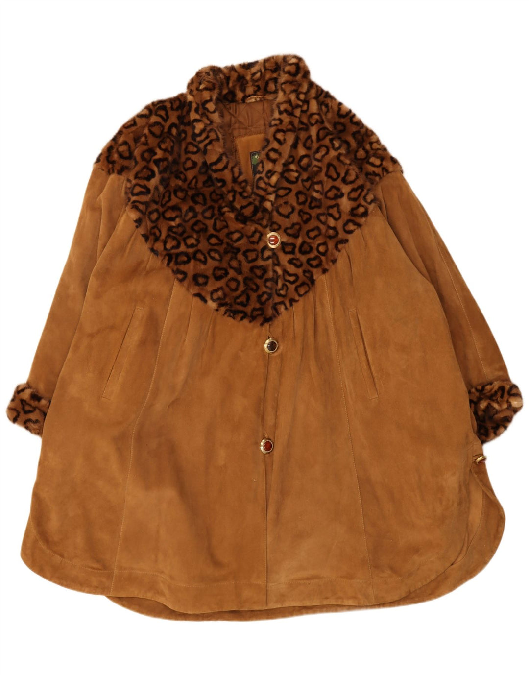 Vintage Womens Oversized Suede Overcoat IT 44 Medium Brown Animal Print