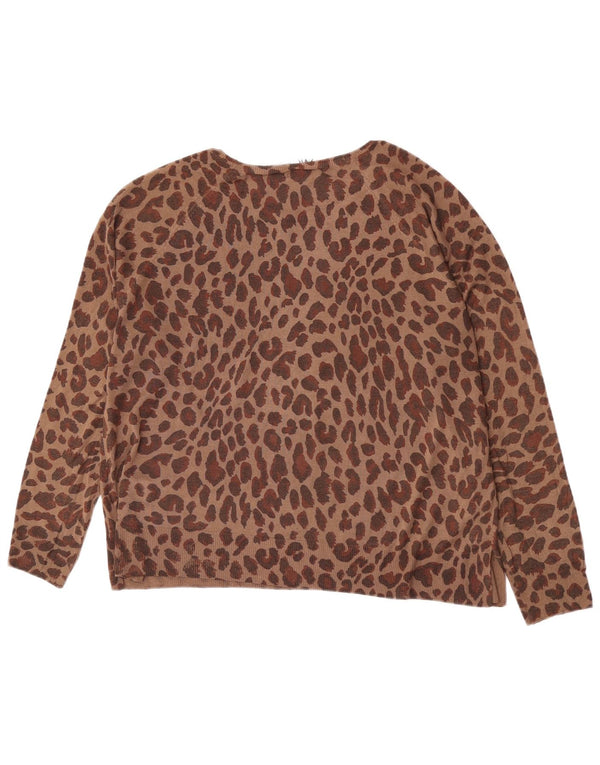 Zara Womens Boat Neck Jumper Sweater UK 14 Large Brown Animal Print Viscose