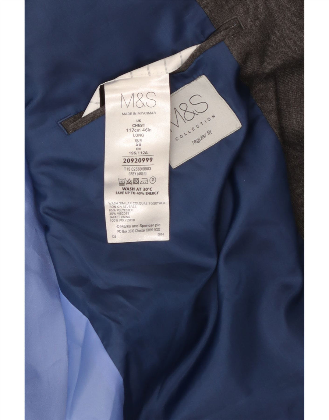 MARKS & SPENCER Giacca blazer da uomo vestibilità regolare a 2 bottoni UK 46 XL Grigio