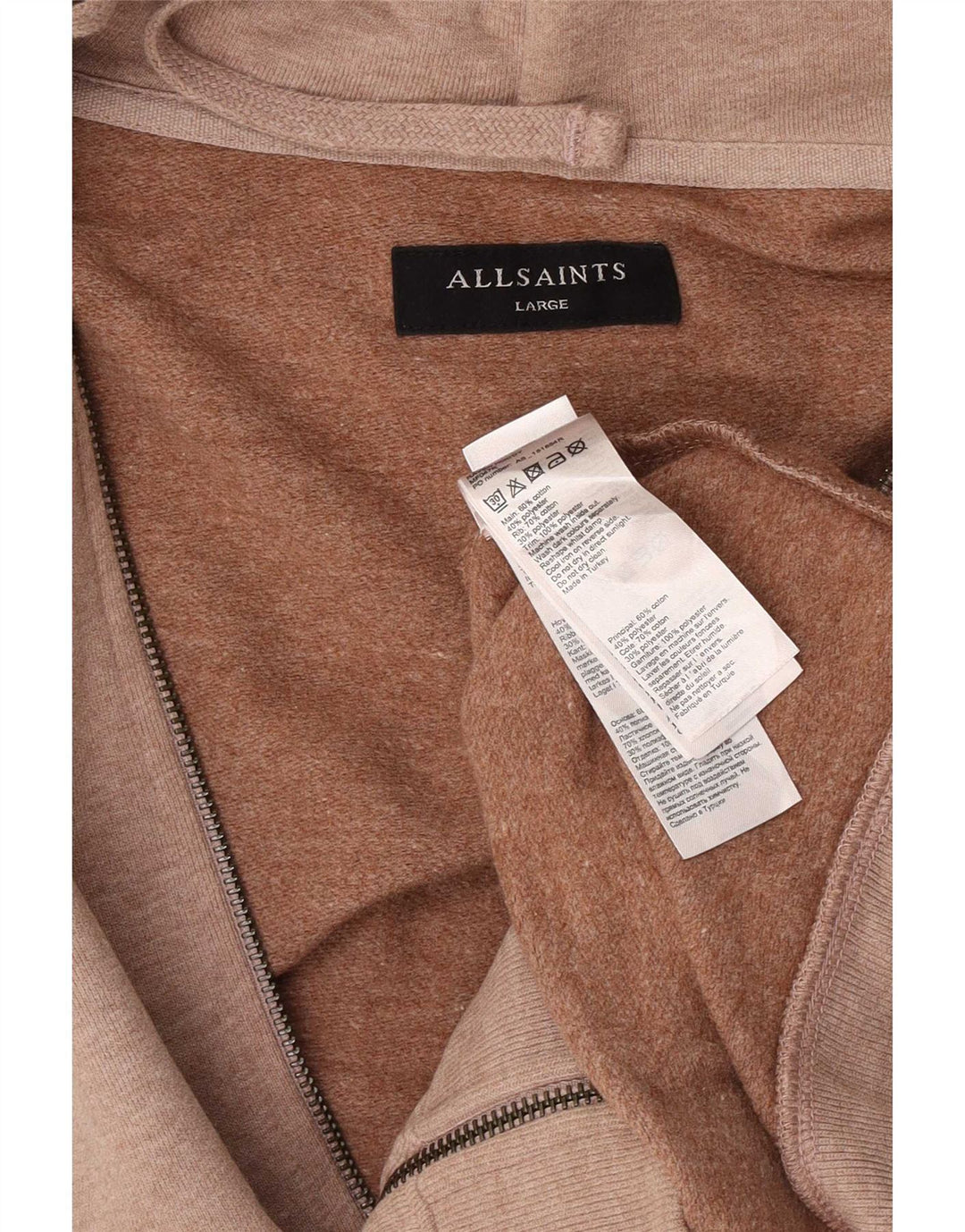All Saints Mens Zip Hoodie Sweater Large Brown Cotton