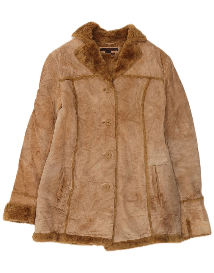 Zara Womens Shearling Jacket UK 14 Medium Beige Leather