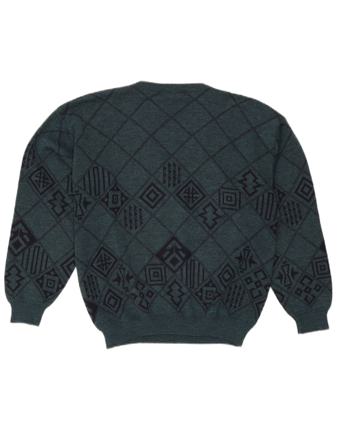 Lewinger Mens V-Neck Jumper Sweater Medium Green Geometric Wool