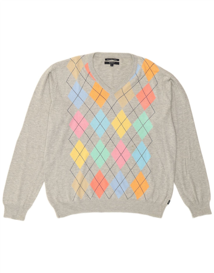 Gant Mens V-Neck Jumper Sweater XL Grey Argyle/Diamond Cotton