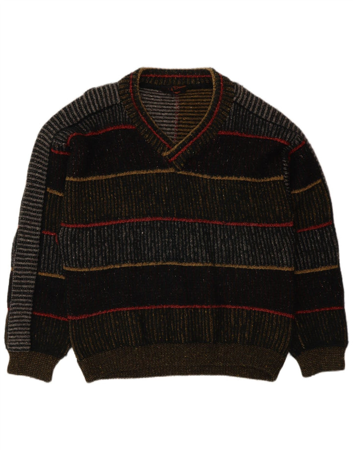 Vintage herre V-hals sweater stor flerfarvet stribet uld
