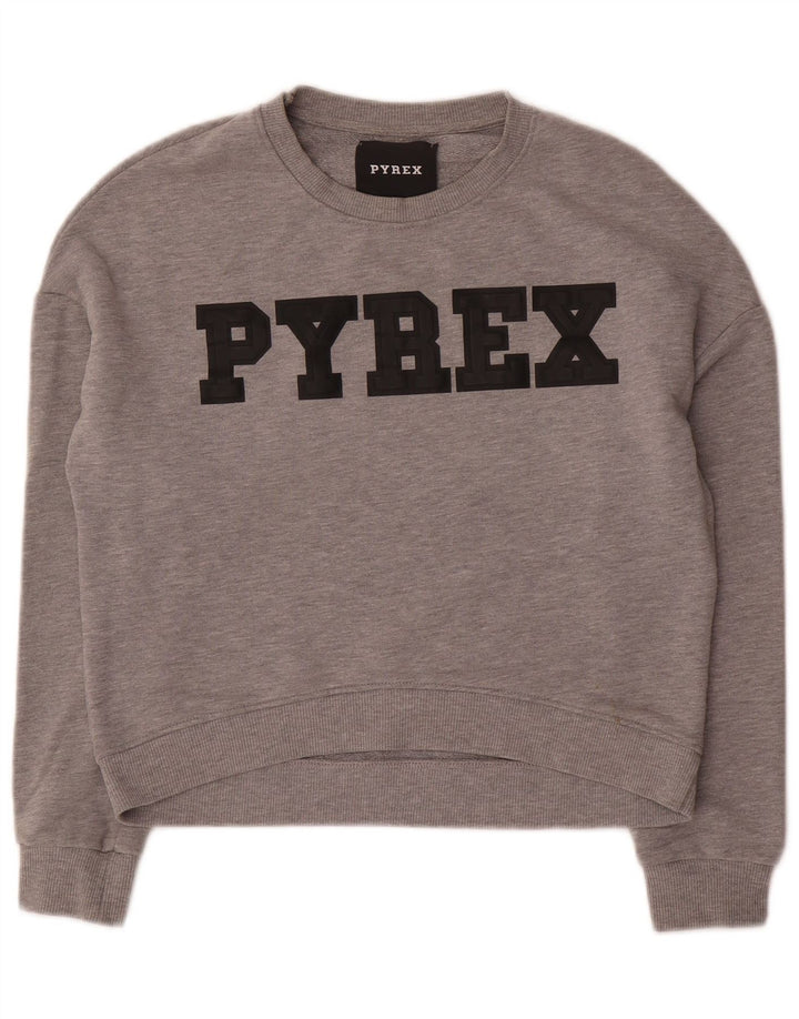 Pyrex Womens Oversized Crop Graphic Sweatshirt Jumper UK 10 Small Grey