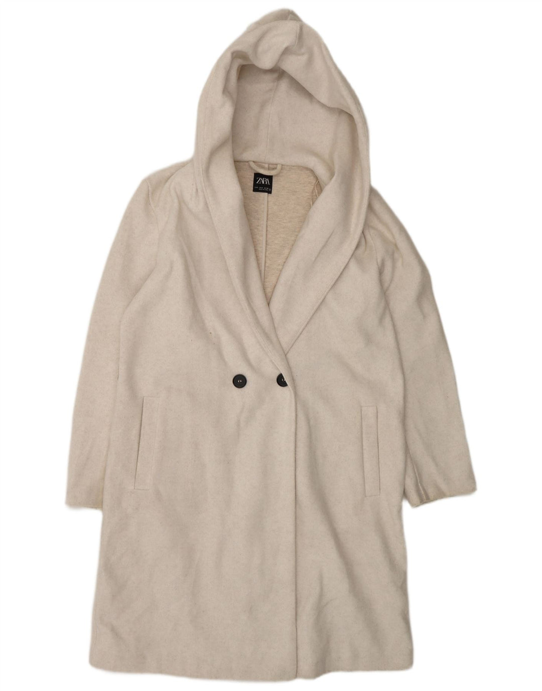 Zara Dame Hætte Oversized Dobbeltradet Frakke UK 10 Small Off White