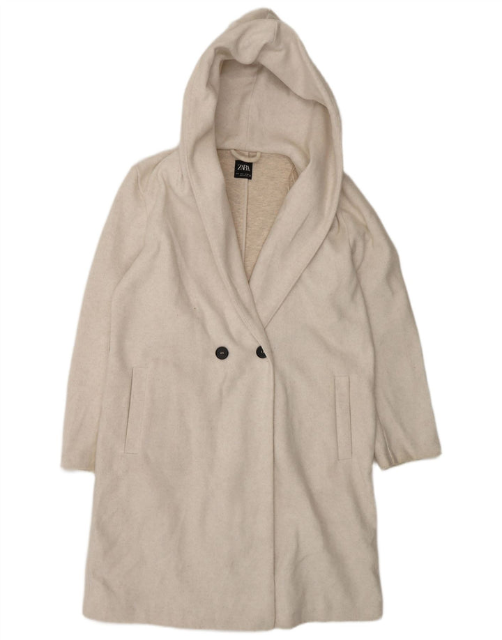 Zara Dame Hætte Oversized Dobbeltradet Frakke UK 10 Small Off White