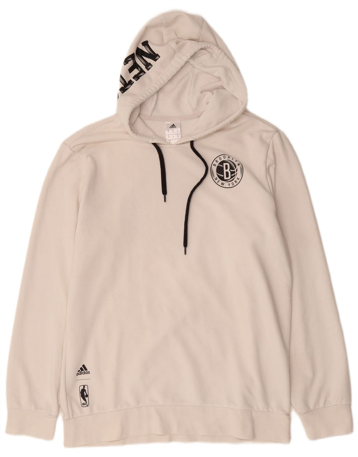 Adidas Herre Brooklyn Nets Grafisk Hættetrøje Jumper Medium Hvid Bomuld