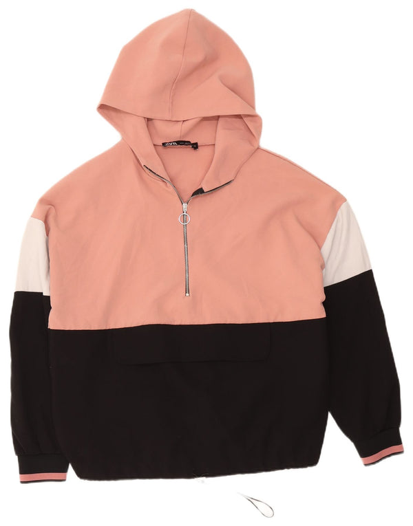 Zara Damen Kapuzenpullover mit Reißverschluss, UK 14, Mittelrosa, Farbblock-Polyester