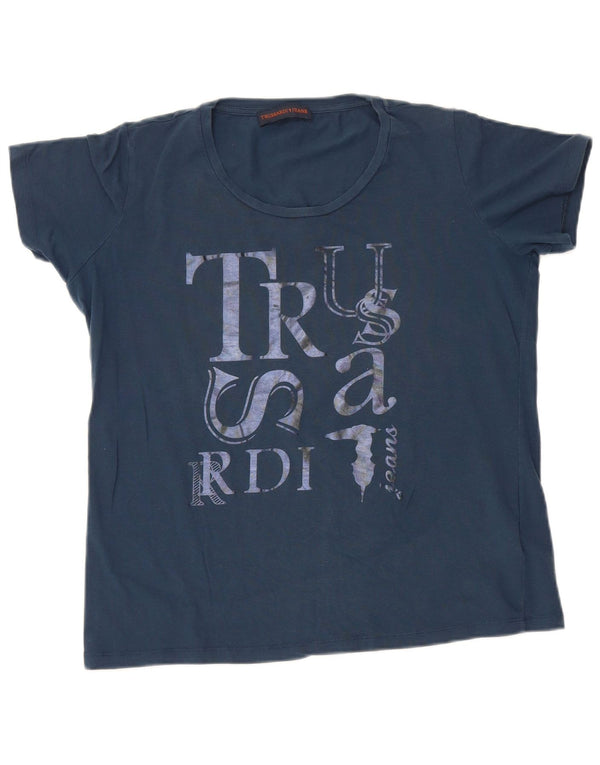 Trussardi Jeans Womens Graphic T-Shirt Top UK 20 2XL Navy Blue Cotton