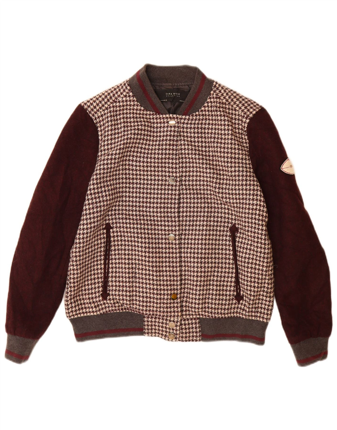 Zara Damen Varsity Jacke UK 14 Mittelbraunes Hahnentritt-Acryl