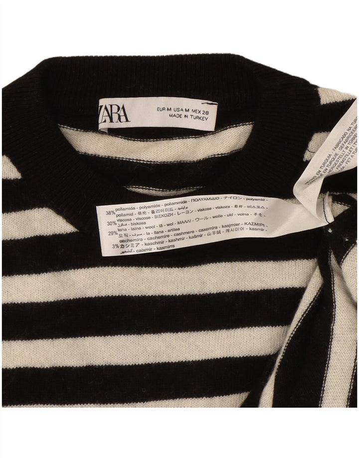 Zara Womens Crew Neck Jumper Sweater UK 14 Medium Black Striped Polyamide