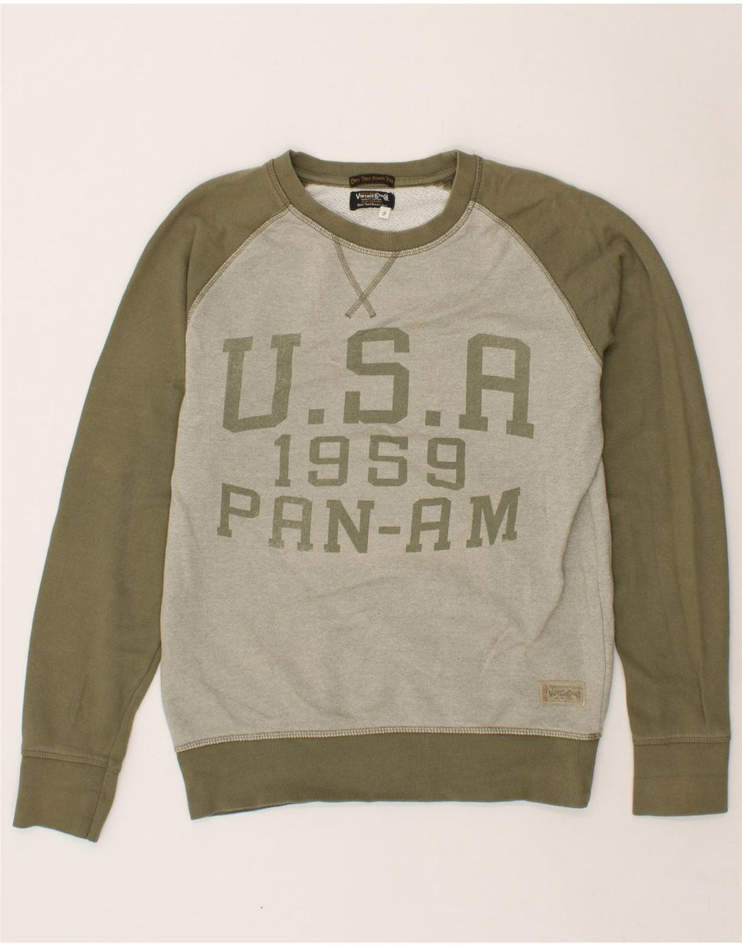 JACK & JONES Mens Graphic Sweatshirt Jumper Small Khaki Colourblock Vintage Jack & Jones and Second-Hand Jack & Jones from Messina Hembry 