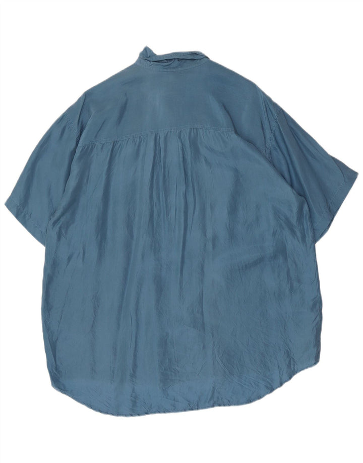 Camisa vintage de manga corta para hombre de seda azul grande