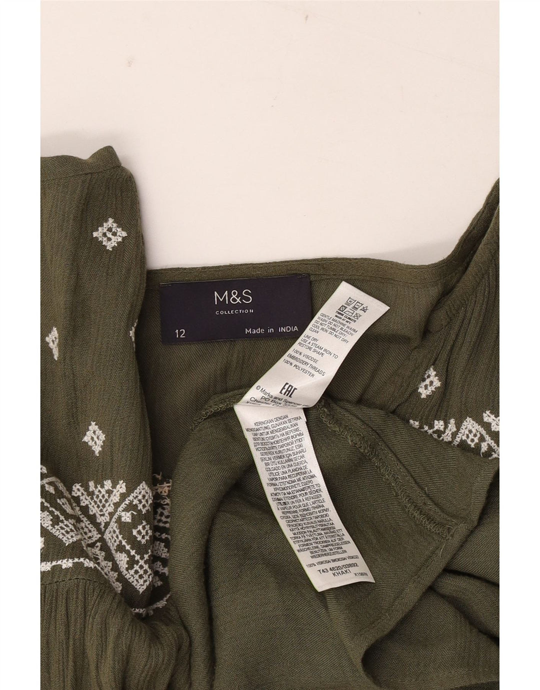 Marks & Spencer Womens Long Sleeve Blouse Top UK 12 Medium Khaki Geometric