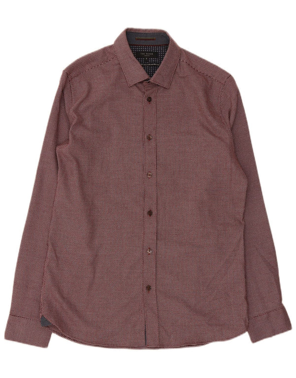 Ted Baker Mens Regular Fit Shirt Size 3 Medium Burgundy Geometric Polyester