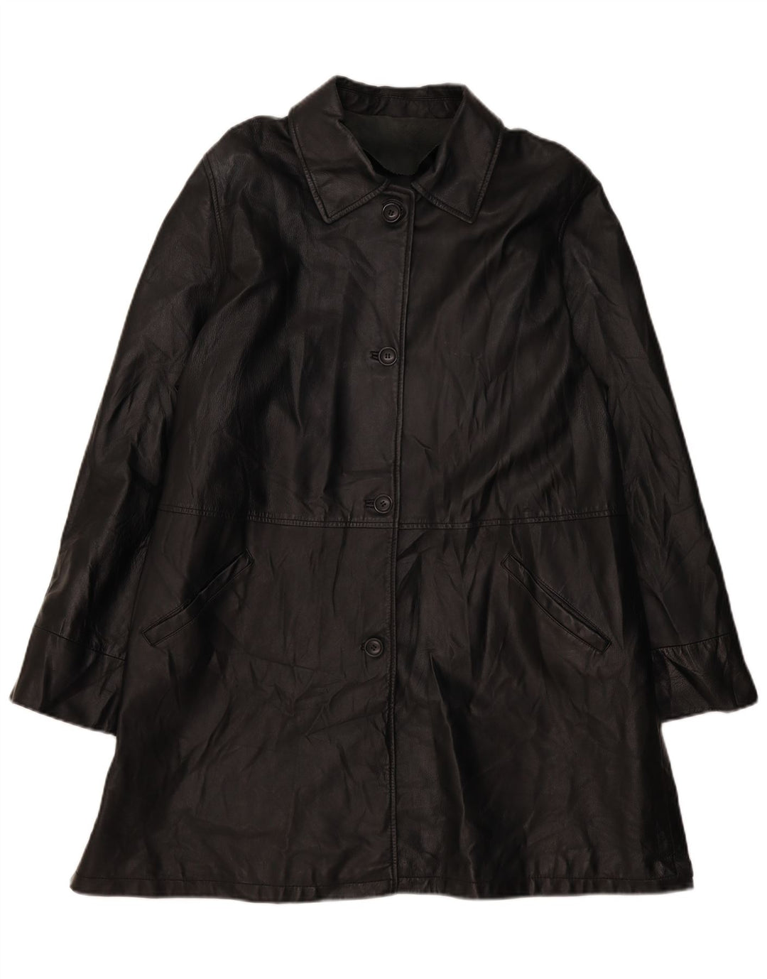 VINTAGE Womens Oversized Leather Coat EU 46 XL Black Leather