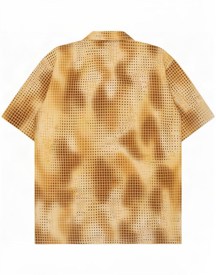 Camisa vintage con estampado abstracto para hombre, poliéster con manchas marrón medio
