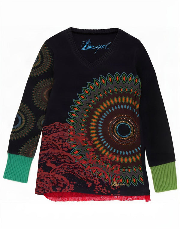 Desigual Camicetta da donna con motivo astratto Top UK 14 Large Blu Navy Cotone