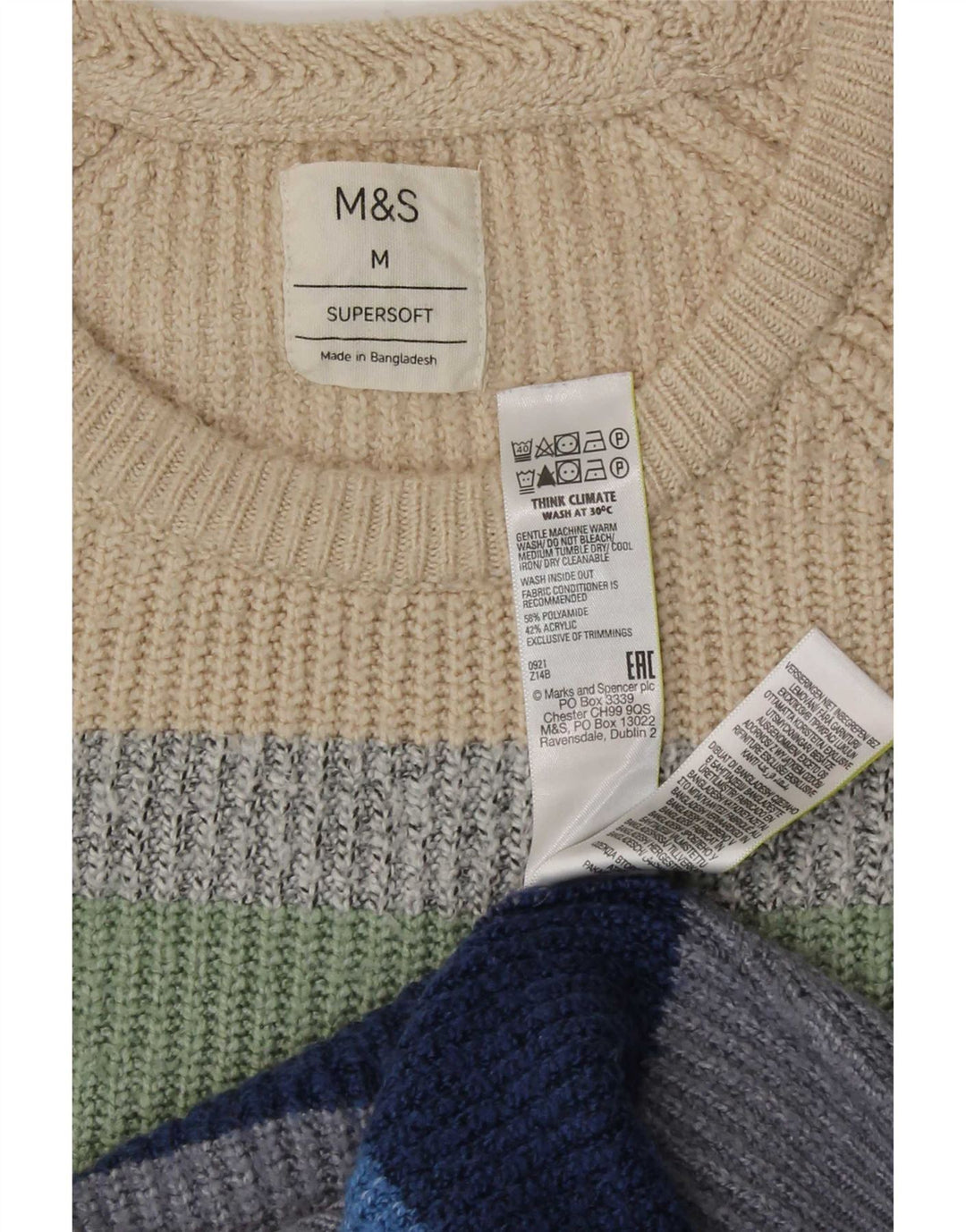 Marks & Spencer Mens Crew Neck Jumper Sweater Medium Multicoloured Striped