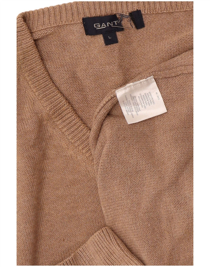 Gant Mens V-Neck Jumper Sweater Large Brown Cotton