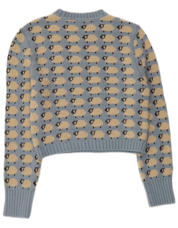 Zara Womens Crop Crew Neck Jumper Sweater UK 12 Medium Blue Animal Print