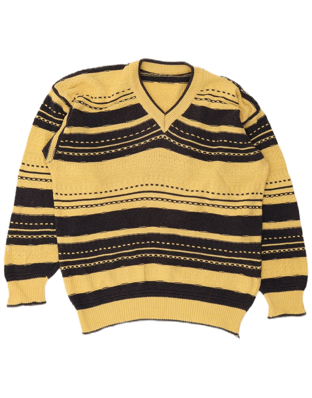 Vintage Mens V-Neck Jumper Sweater Large Yellow Striped