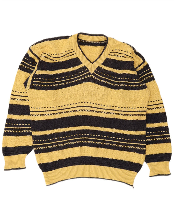 Vintage Mens V-Neck Jumper Sweater Large Yellow Striped
