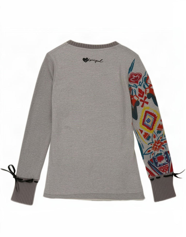 Desigual Womens Graphic Top Long Sleeve UK 12 Medium Grey Geometric Cotton