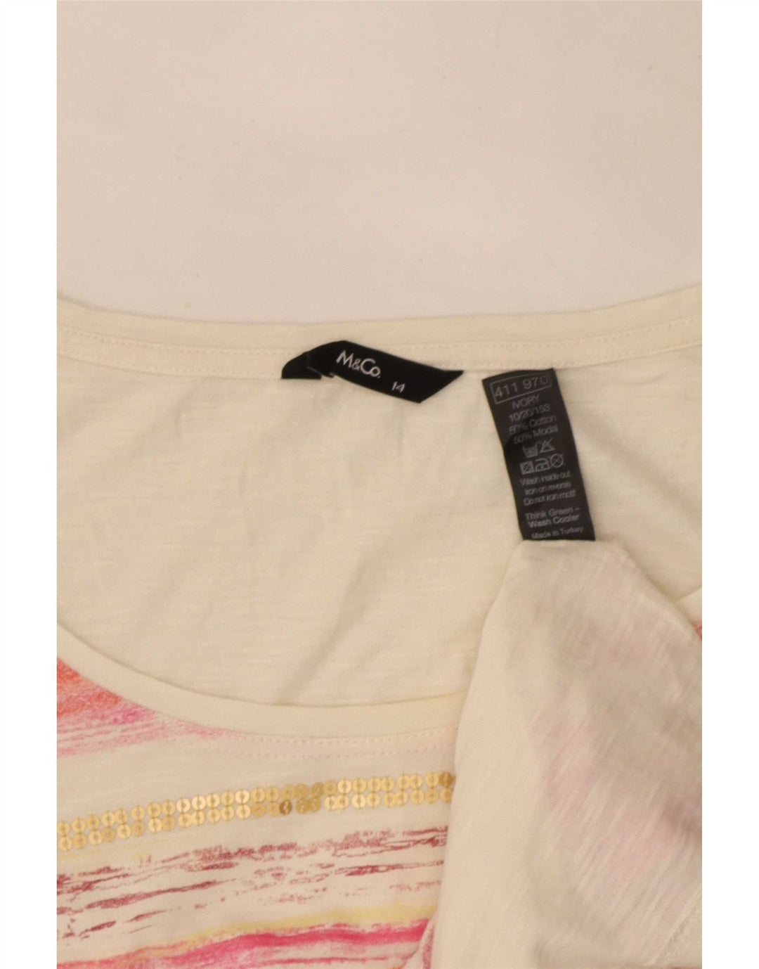 M&Co Dame T-Shirt Top UK 14 Medium Hvid Stribet Bomuld
