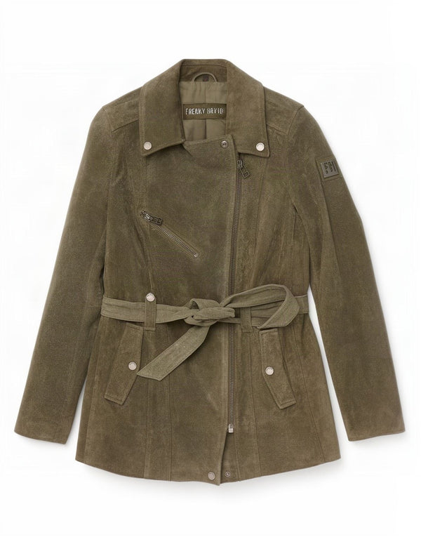 Freaky Nation Womens Suede Biker Jacket UK 14 Large Khaki Leather