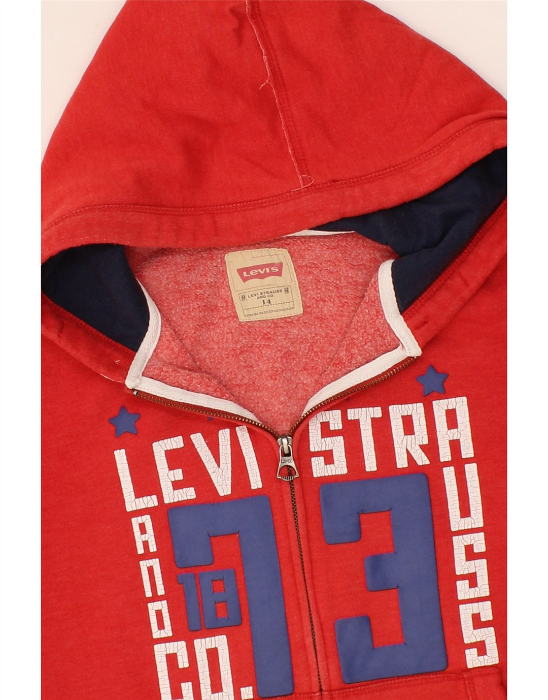 LEVI'S Boys Graphic Zip Hoodie Sweater 13-14 Years Red Cotton Vintage Levi's and Second-Hand Levi's from Messina Hembry 